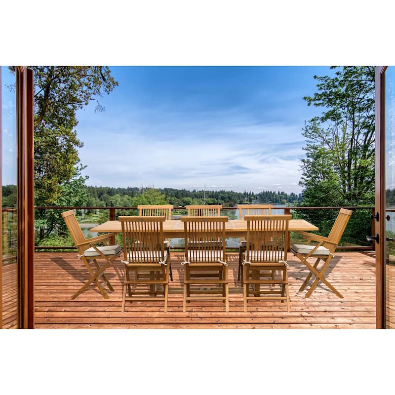 9 Piece Teak Wood Miami Patio Dining Set with Rectangular Extension Table, 8 Folding Arm and Side Chairs