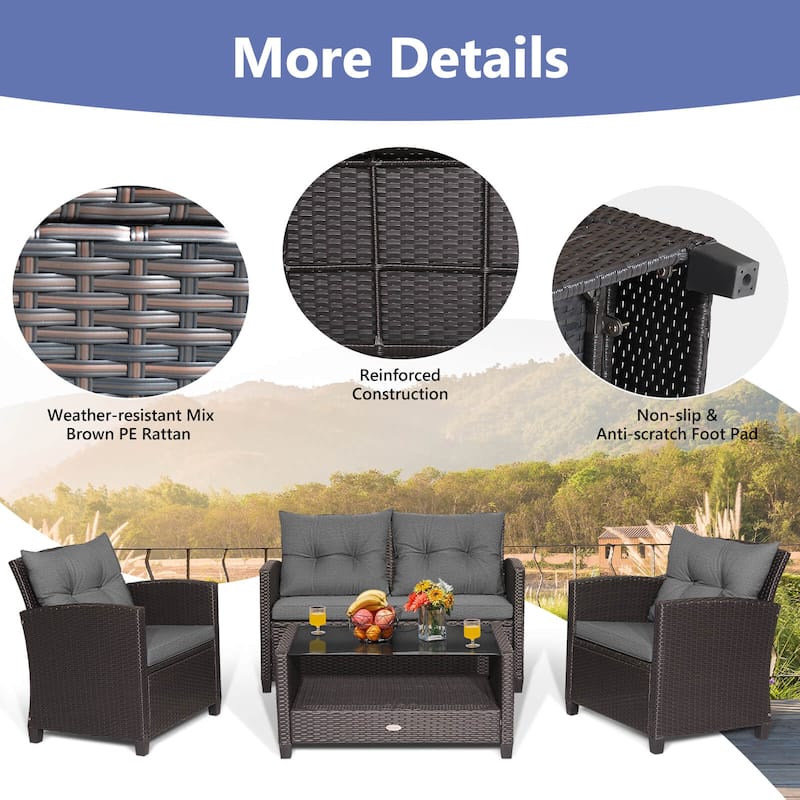 Costway 8 PCS Patio Rattan Furniture Set Glass Table Shelf Sofa - See Details