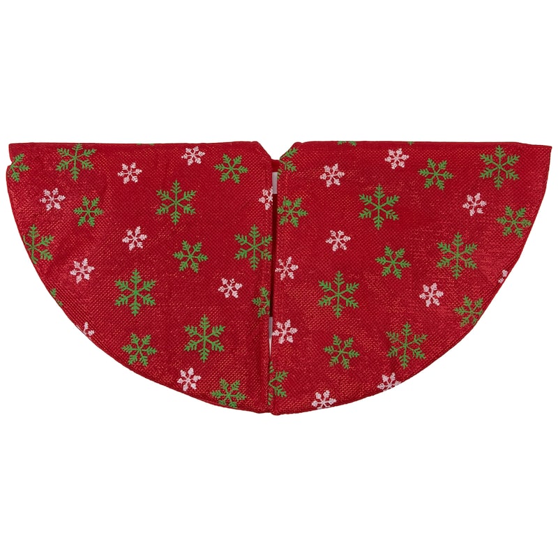 20" Metallic Red with Green White Snowflakes Mini Christmas Tree Skirt
