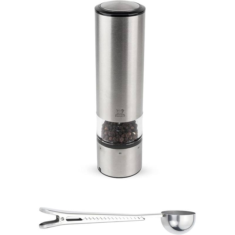 Peugeot Elis Sense U-Select 8 Inch Pepper Mill Gift Set - With Stainless Steel Spice Scoop/Bag Clip - Silver - 2 Piece