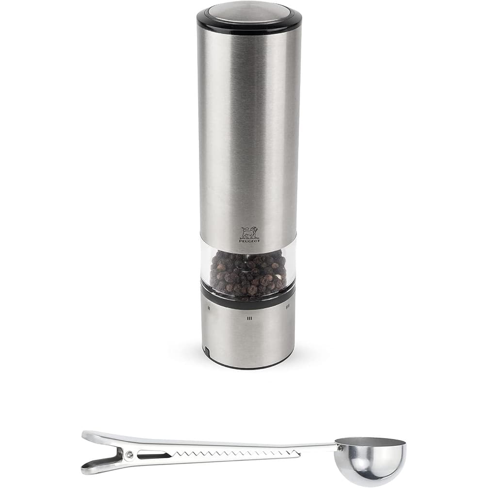 Peugeot Elis Sense U-Select 8 Inch Pepper Mill Gift Set - With Stainless Steel Spice Scoop/Bag Clip