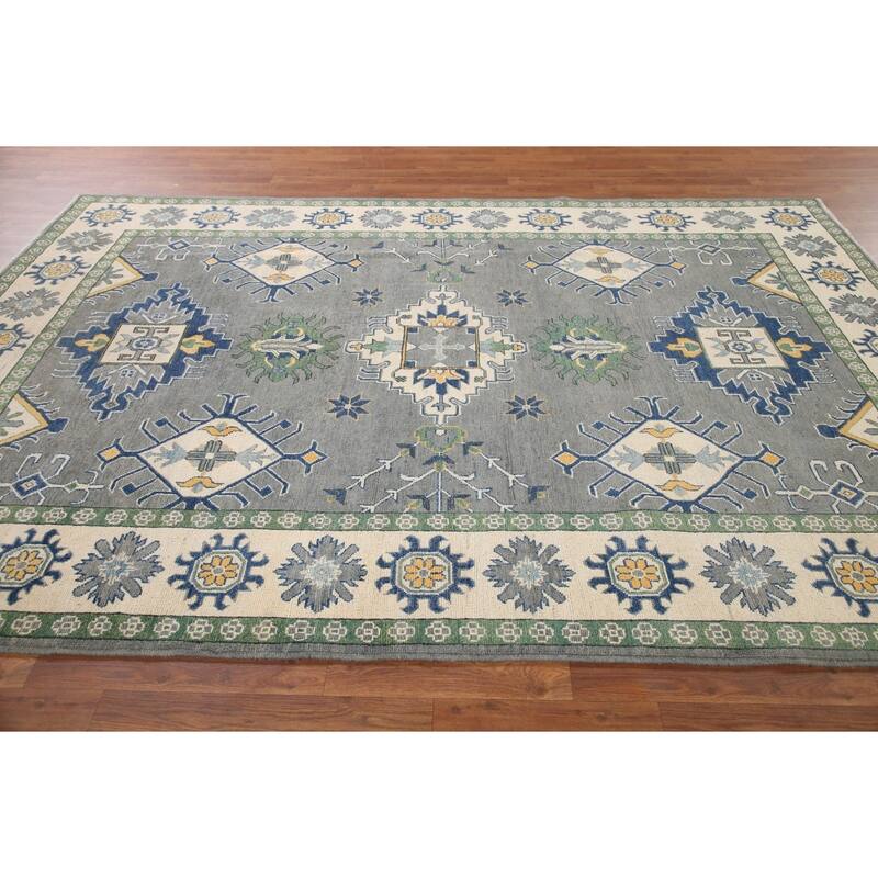 Hand Knotted Oriental 100% Wool Carpet Traditional Geometric Greys & Charcoal Kazak Area Rug - 9' 10'' X 6' 8''