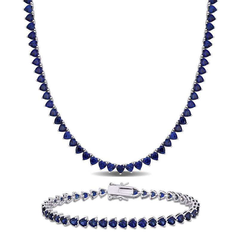 Miadora 42 5/8ct TGW Created Blue Sapphire Tennis Necklace and Bracelet Sterling Silver-18 + 7.5 in