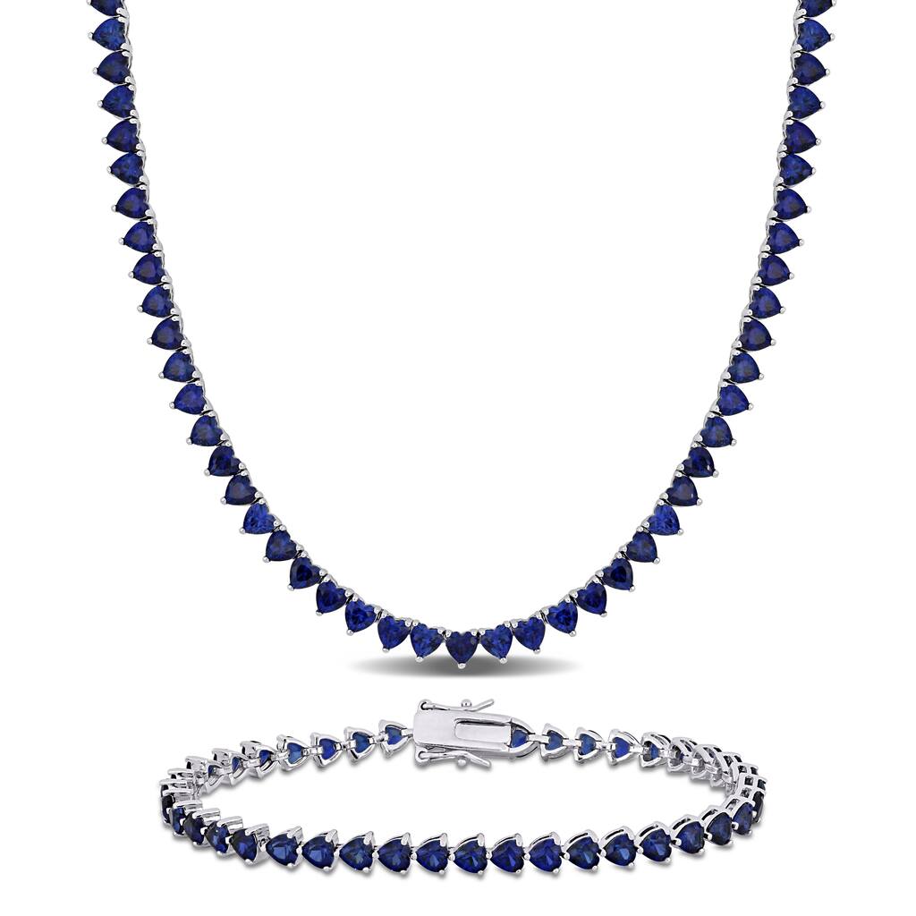 Miadora 42 5/8ct TGW Created Blue Sapphire Tennis Necklace and Bracelet Sterling Silver-18 + 7.5 in