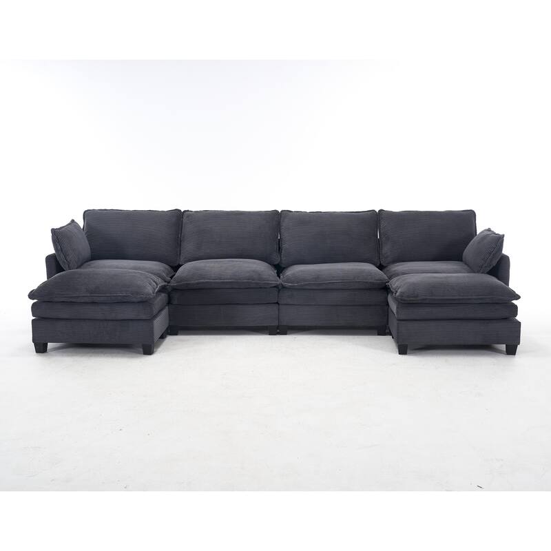 Oversized Modular Deep Seat Couch with Chaise, U-shaped Sectional Sofa with 2 Ottomans, 2 Lumbar Pillows and Double Cushions