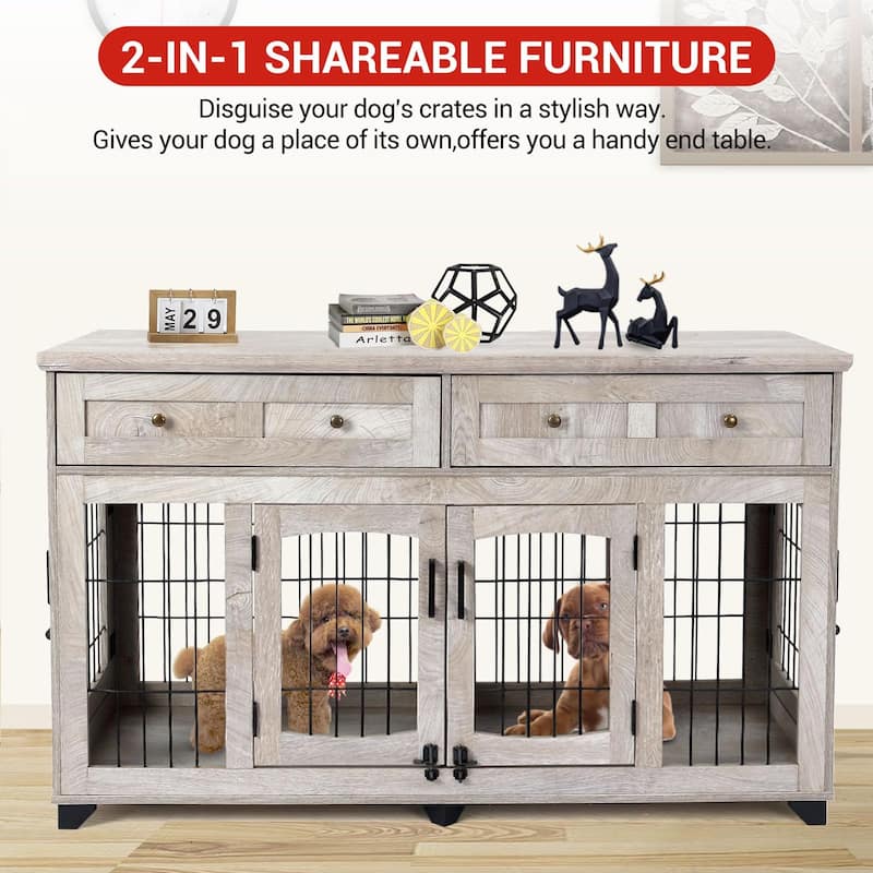 Double Dog Crate Furniture with Drawers, Removable Divider, and Storage Table