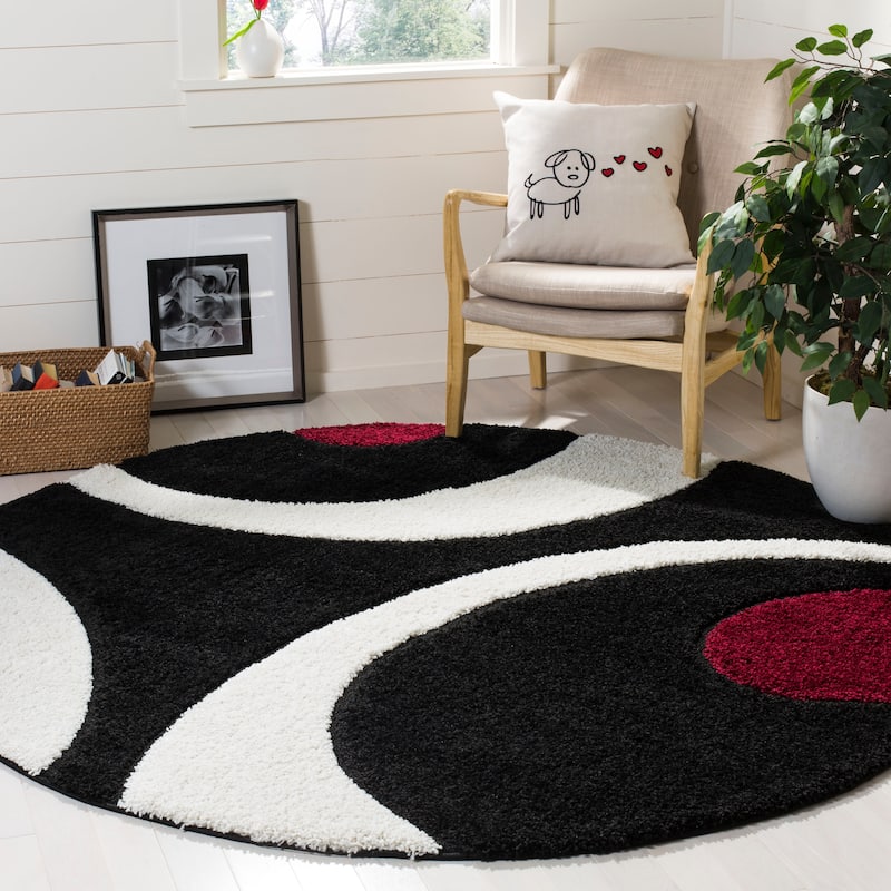 SAFAVIEH Florida Shag Rositha Abstract 1.2-inch Thick Rug - 5' Round - Black/Ivory