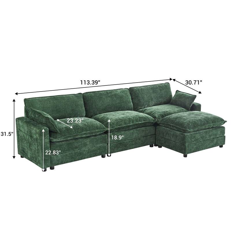 Chenille 113-Inch Modular Combo Sofa, Modern 3-Seater L-Shaped Sofa with Ottoman, 2 Cushions, Side Pockets