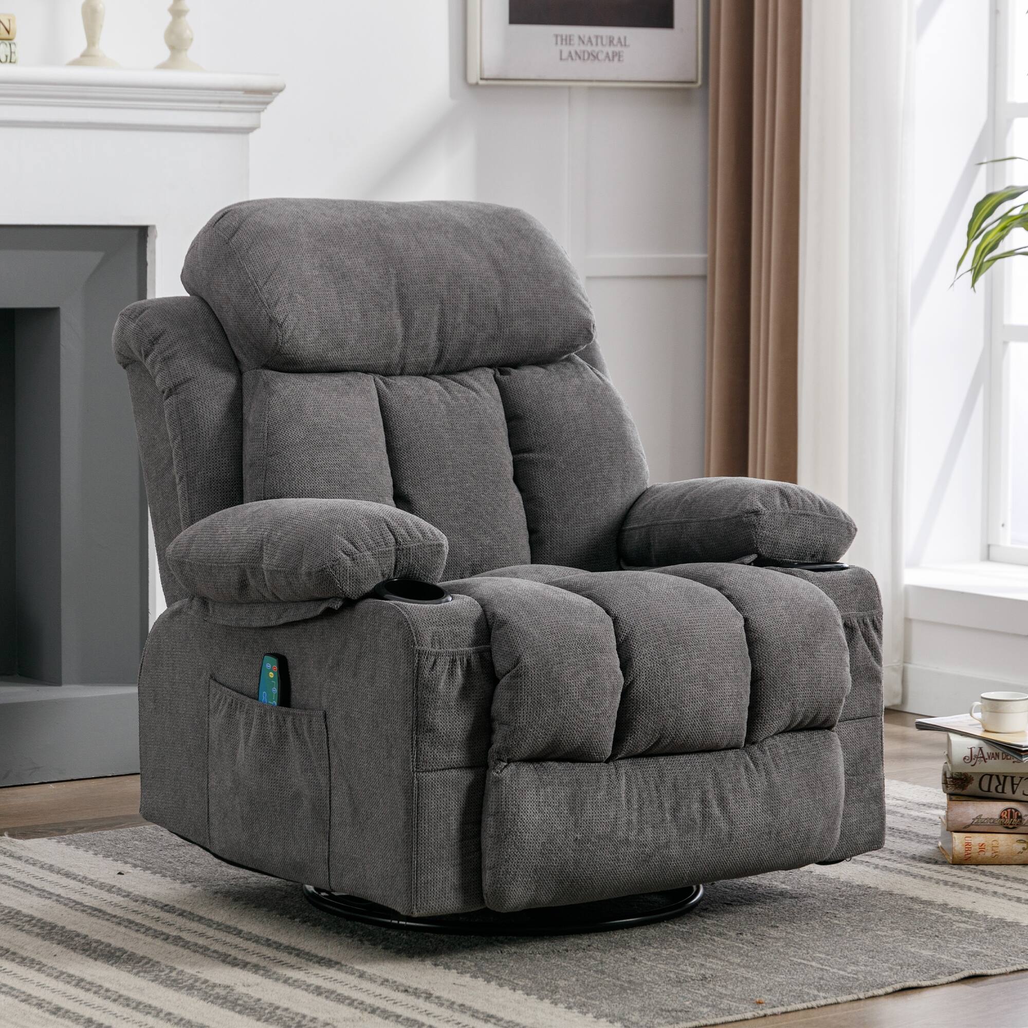 Grey 360° Rotation Recliner Massage Sofa with USB, 2 Cup Holders