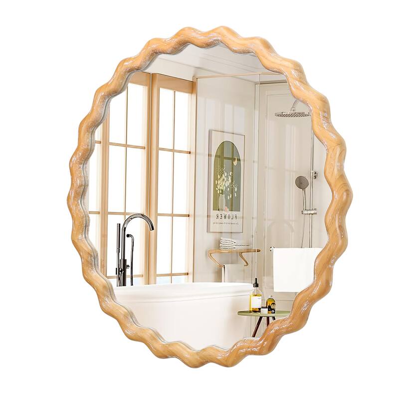 27.5 Inches Round Wavy Wall Mirror For Bathroom Vanity,Wooden Farmhouse Circle Mirrors