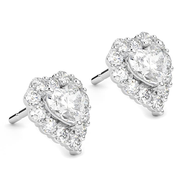 F/VS 1.30Ct Heart Shape Diamond Halo Studs White or Yellow Gold Lab Grown