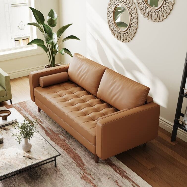 Stateside Upholstered Leather Square Arm Sofa Couch 70'' - Brown