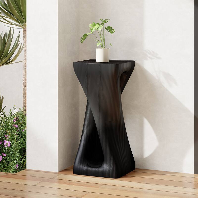 Roomfitters Twist Sculptural Outdoor Side Table, Wood-Look Lightweight Concrete Garden Stool