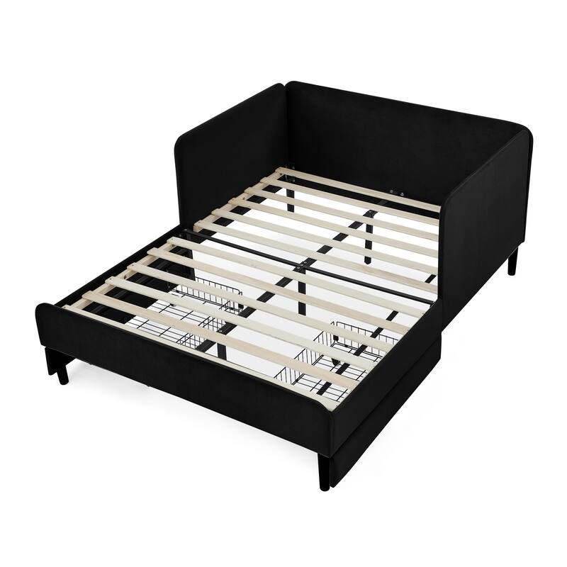 Roomfitters Twin/Full Upholstered Platform Bed with Side Backrest and Underbed Storage Trundle