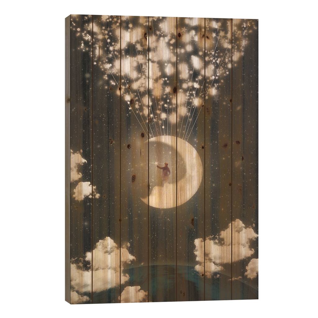 The Big Journey Of The Man On The Moon Print On Wood by Paula Belle Flores - Multi-Color