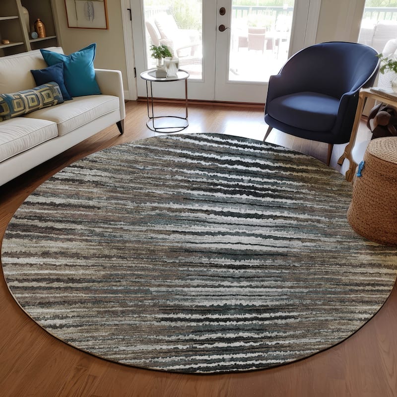 Machine Washable Indoor/ Outdoor Chantille Jagged Stripes Rug - Brown - 8' x 8'