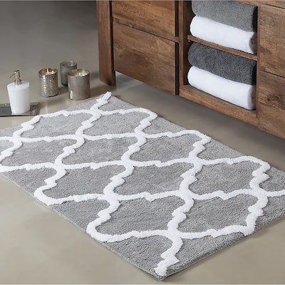 Silver 2 Piece Trellis Plush Soft Cozy 100% Cotton Bath Mat Set