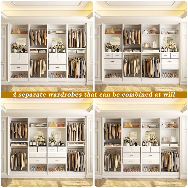 Set of 4 Closet System with 4 Drawer and Hanging Rods, Freestanding Closet Organizer with Storage Shelves