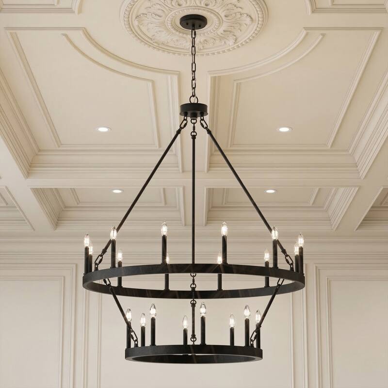 Modern Farmhouse Black Round Wagon Wheel Chandelier