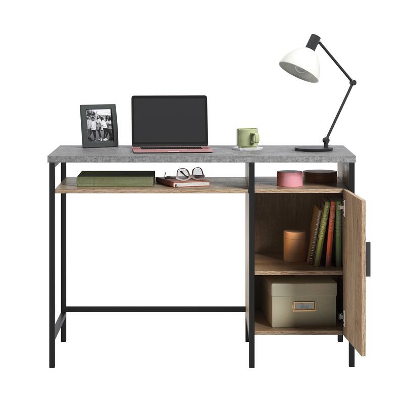 Wood Industrial Desk with Large Work Surface and Side Cabinet - Brown