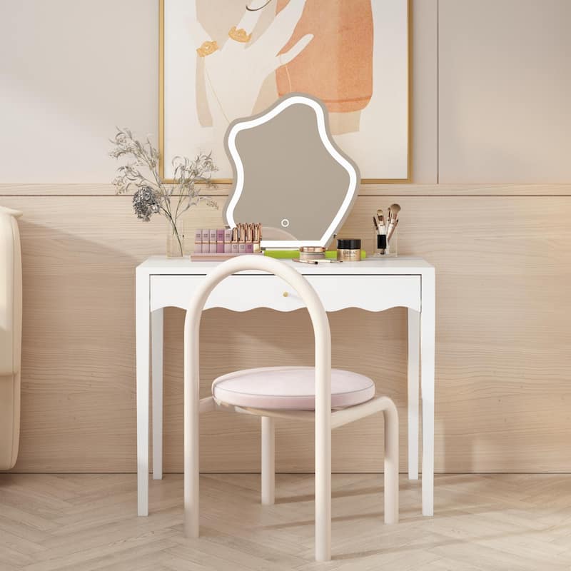 35.43"Vanity Desk with Drawer - Modern Makeup Table with Scalloped Front & Gold Knob, Compact Writing Desk with 4 Sturdy Legs