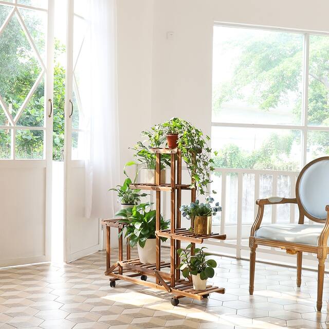 6 Tier Multi-Tiered Solid Wood Plant Stand with Wheels