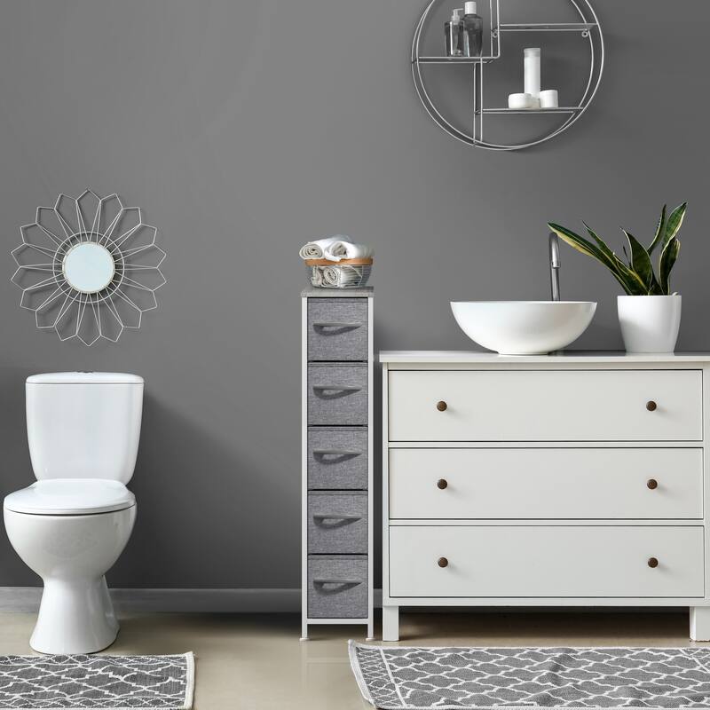 Sorbus Narrow Dresser with 5 Drawers - Vertical Slim Storage Chest of Drawers with Steel Frame, Wood Top & Easy Pull Fabric Bins