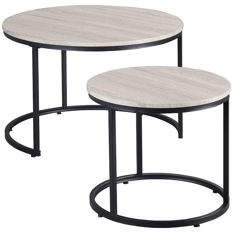 Round Nesting Tables Set of 2, Stacking Coffee Table Set with Metal Frame for Living Room, Grey