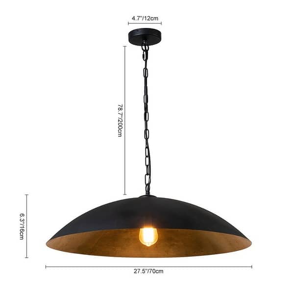 dimension image slide 1 of 3, 1-Light Black Gold Oversized Metal Dome Pendant Light - 27in