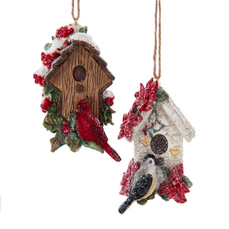 Cardinal and Chickadee Perched on Birdhouse Christmas Holiday Ornaments Set of 2 - Multi