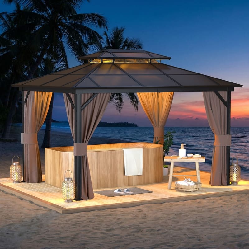 Hardtop Gazebo for Backyard – Permanent Pergola with Netting, Curtains & Double Roof, All-Weather Outdoor Shelter