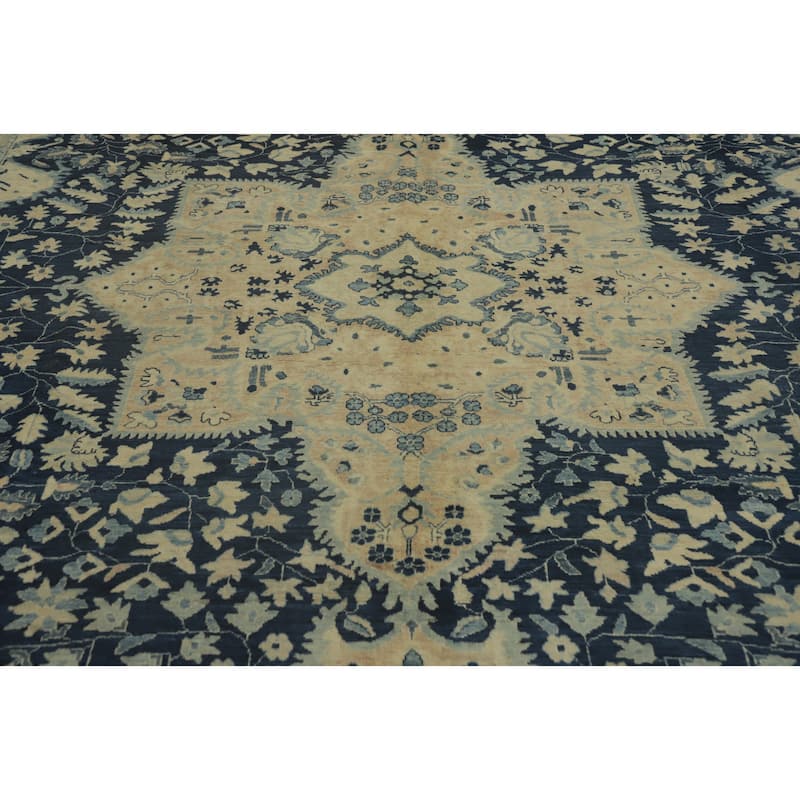Hand Knotted Oriental 100% Wool Carpet Transitional Floral Navy Blue & Blues Oushak Area Rug - 12' 3'' X 9' 0''