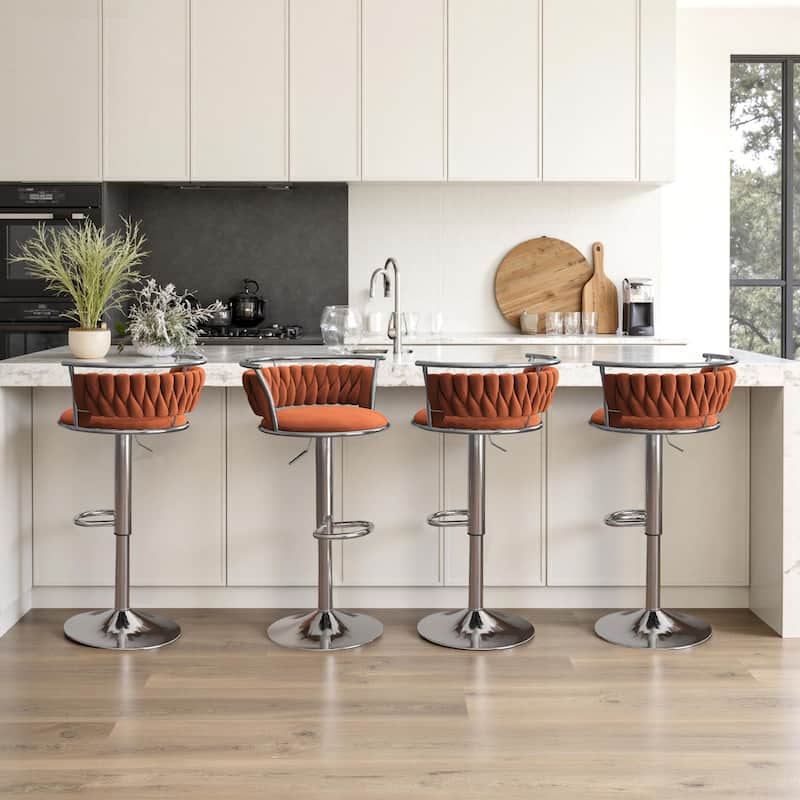 4 Set Modern Velvet Adjustable Swivel Bar Stools with Metal Frame - Silver/Orange