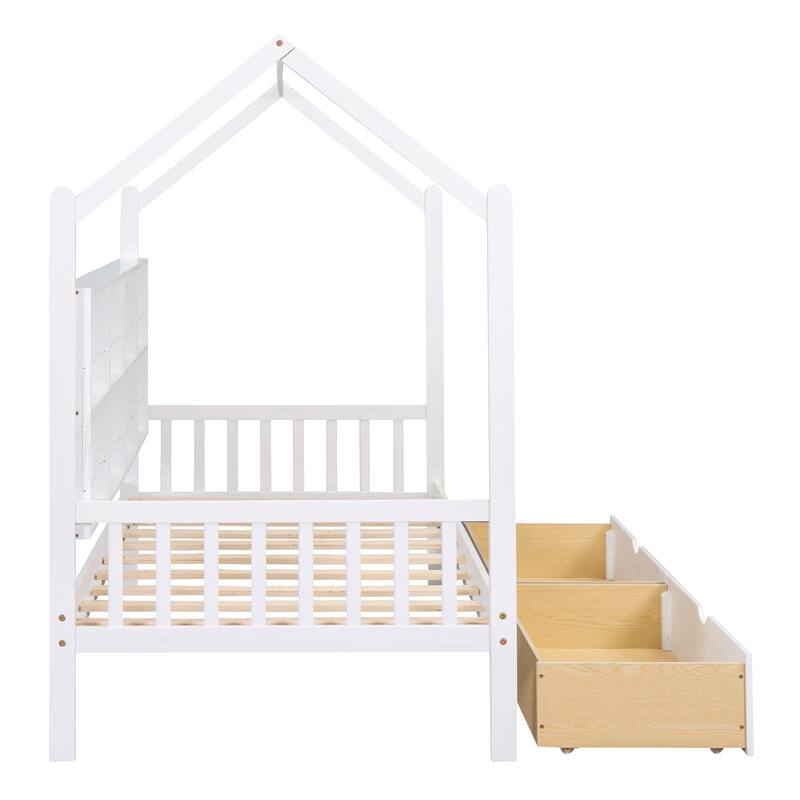 White Wooden Twin Size House Bed with Two Drawers and Storage Shelf