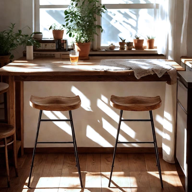 Modern Industrial Bar Stool - Mango Wood Seat and Metal Legs Counter Height Stool