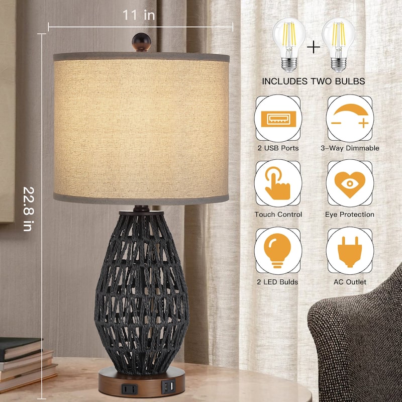 Cinkeda Table Lamp Black Rattan 3-Way Touch Dimmer USB Port(Set of 2) - 11'' x 11'' x 22.8'' (L x W x H)