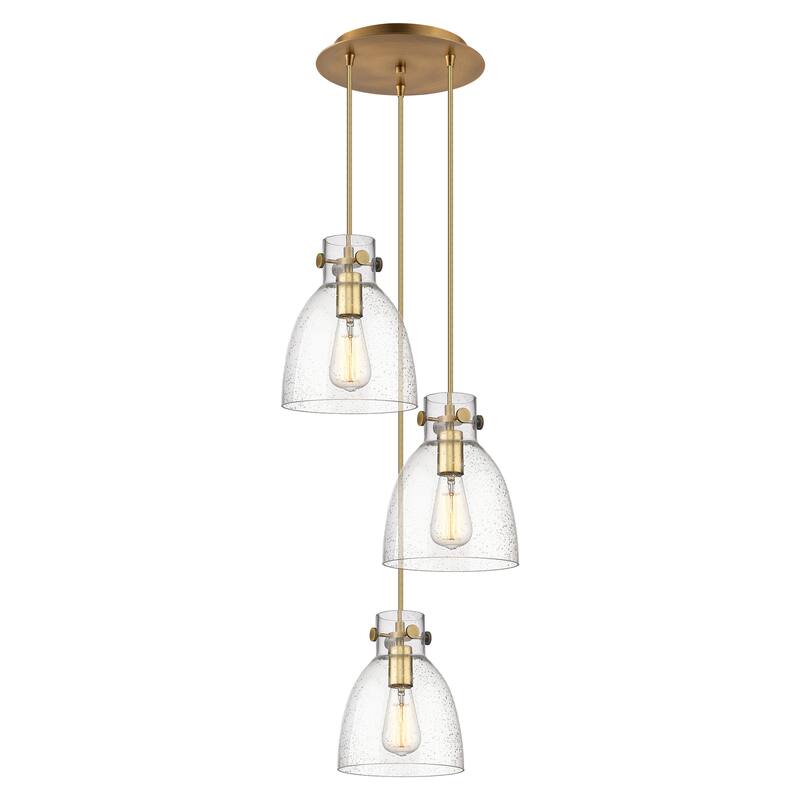 Innovations Lighting Newton Bell - 3 Light 8" Cord Hung Multi Pendant - 10" Canopy - Brushed Brass/Seedy