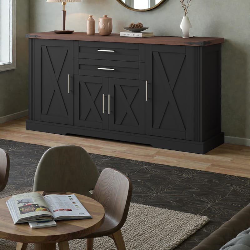 63 Inch Farmhouse Barn Door Buffet Cabinet with Drawers, Coffee Bar Storage Console with Adjustable Shelves
