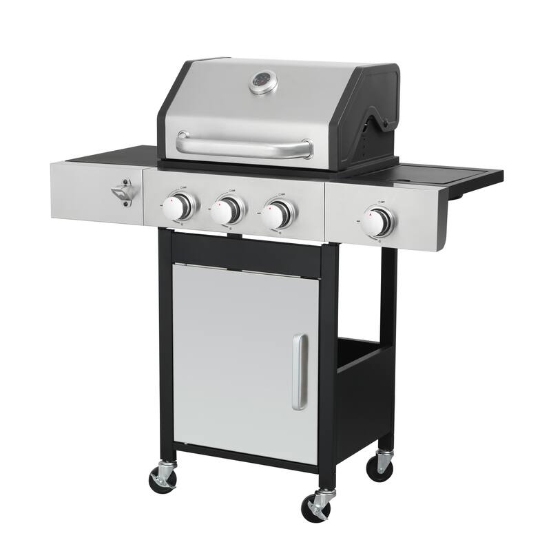 3-Burner Propane Gas BBQ Grill with Side Burner with Enameled Cast Iron Cooking Grids For Outdoor Barbecue, Stainless Steel
