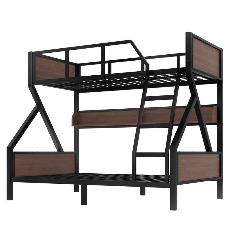 Twin over Full Bunk Bed, Metal Bunk Bed with Storage Shelves and Lights, Space-saving & Noise-free Design, Black