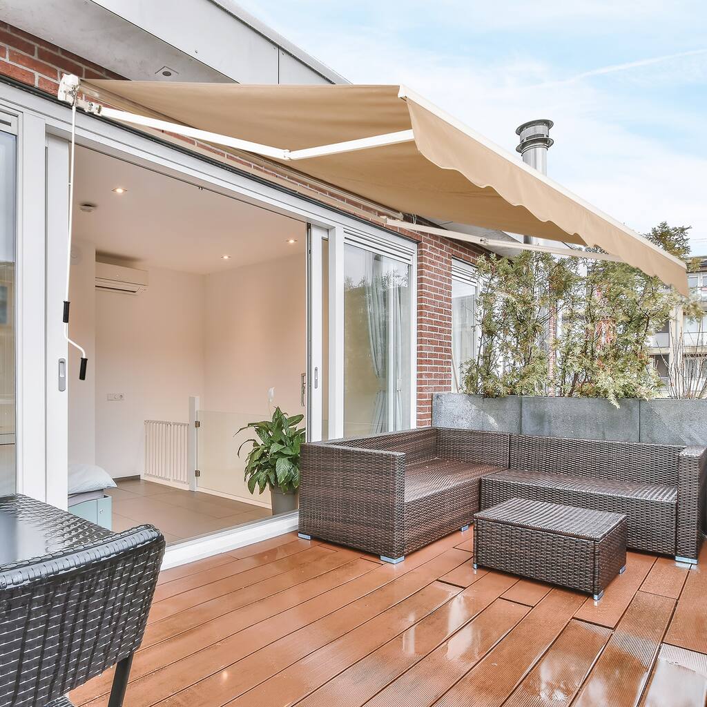khaki Outdoor Patio Awnings with Manual Crank Handle