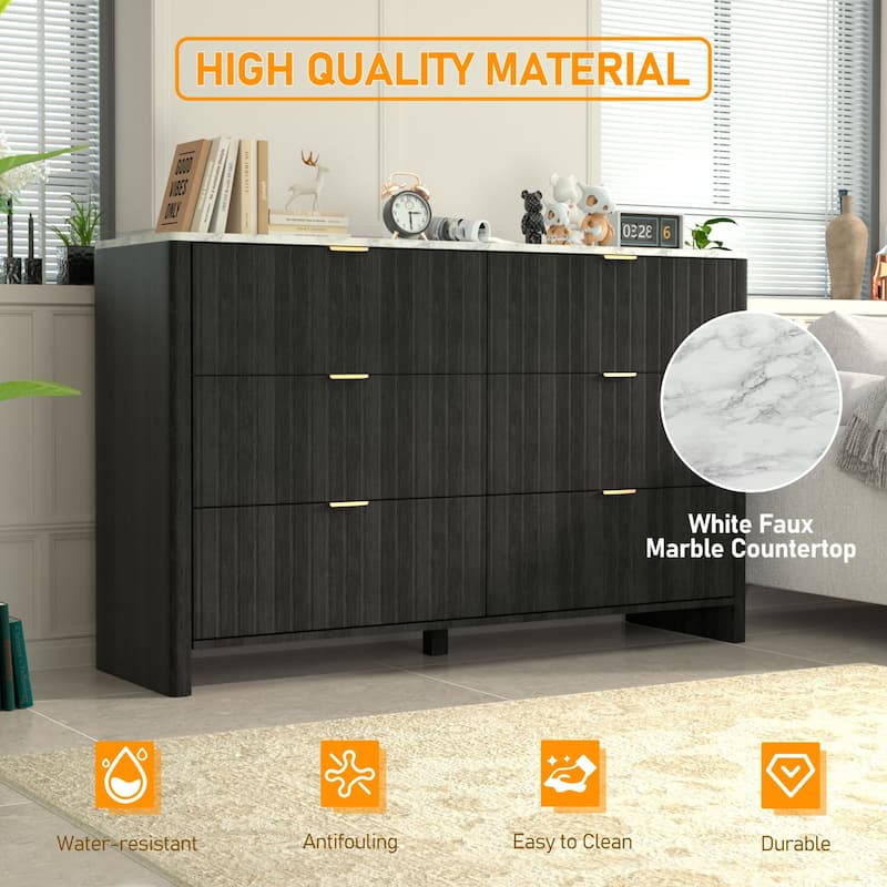 VEIKOUS 6-Drawer Dresser for Bedroom, Wooden Chest of Drawers with White Faux Marble Top