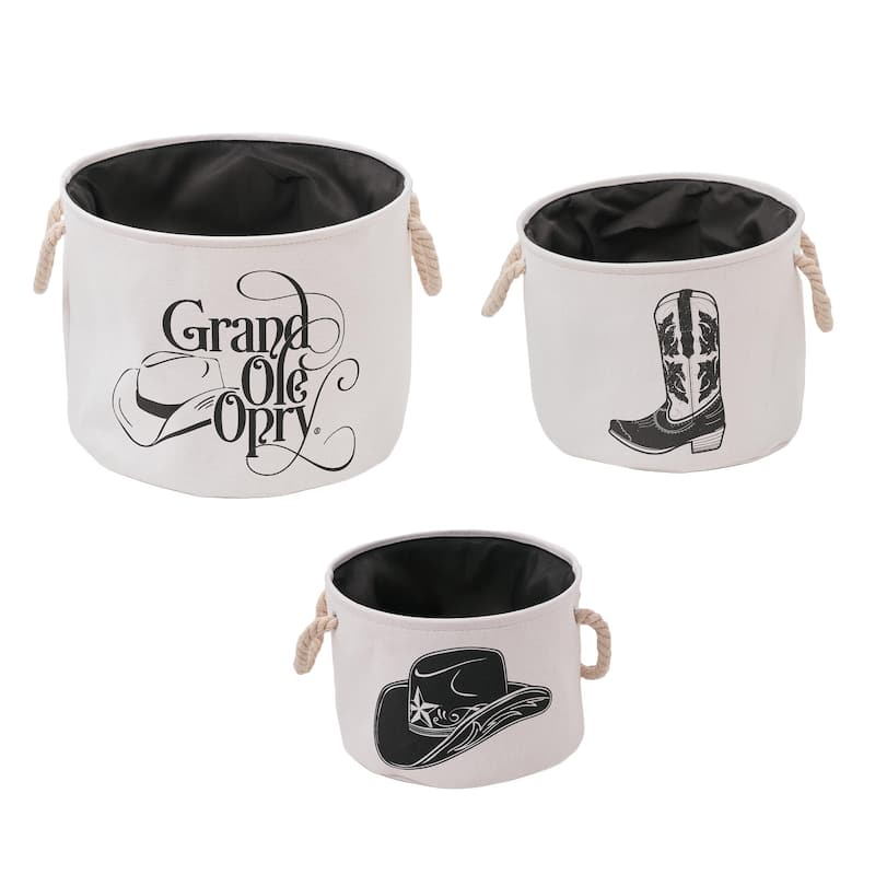 American Art Decor Grand Ole Opry Boot and Cowboy Hat Printed Fabric Basket with Handles, Set of 3 - 11.5" x 15"