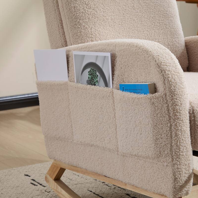 Modern Accent Rocking Chair Rocking Chair with Solid Wood Legs, Upholstered Nursery Glider Rocker Side Pocket and Footrest