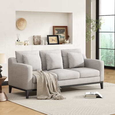 3-seat Grey Polyester Sofa with Wooden Legs for Living Room and Study