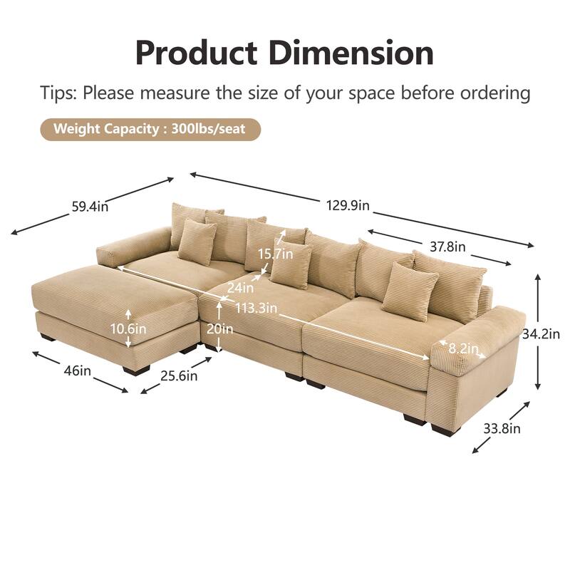 GDFStudio - Corduroy L-Shaped 3-Seater 130" Cloud Modular Sectional Couch with Ottoman