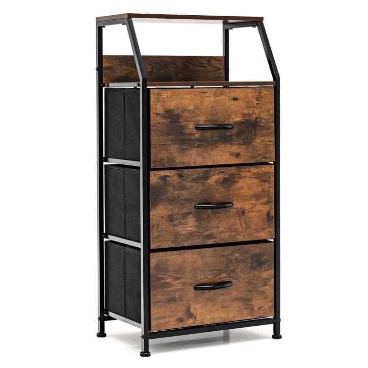 3 Drawer Storage Organizer Dresser with Wood Top and Sturdy Steel Frame-Rustic Brown - Rustic Brown