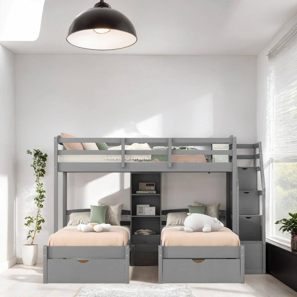 Triple Twin over Twin&Twin Bunk Bed with 2 Drawers, Staircase and Shelves