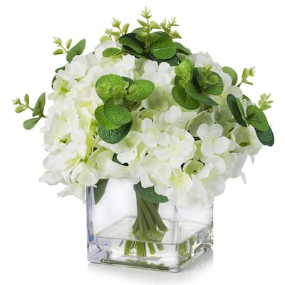 Enova Home Mixed Artificial Silk Hydrangea and Eucalyptus Leaves Faux Flowers Arrangement in Cube Glass Vase with Faux Water