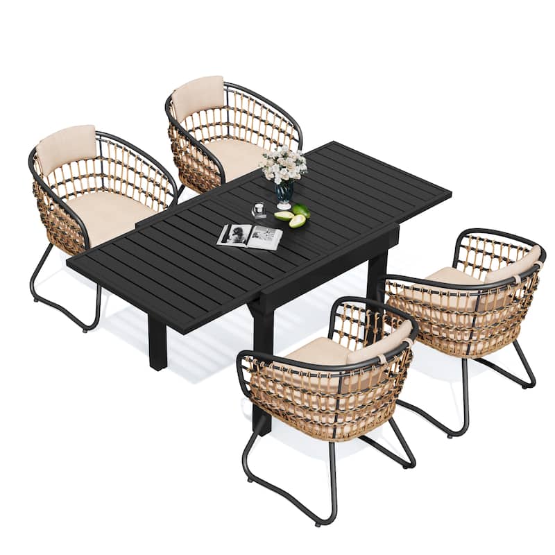 5PC Outdoor Extendable Patio Dining Table with Rattan Chairs